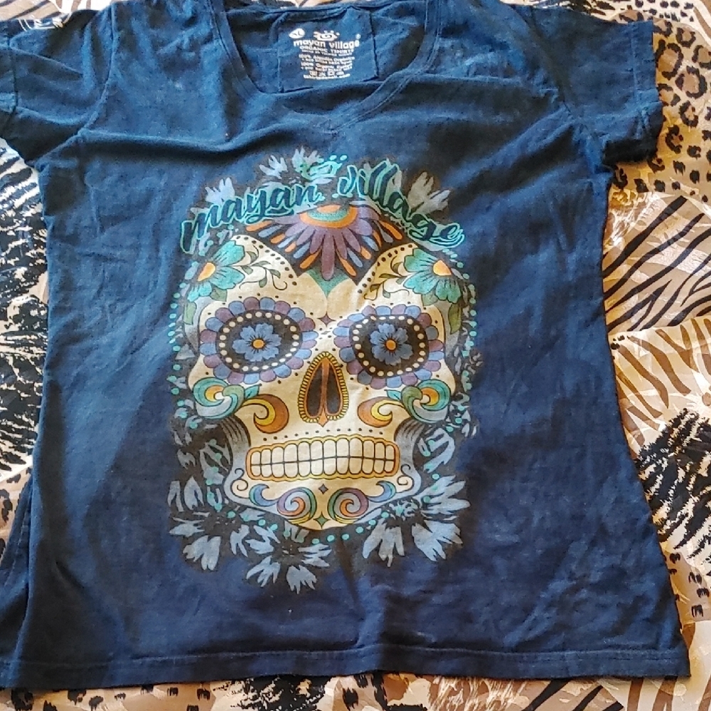 Cancun Navy Blue Sugar Skull T-Shirt Sz XL